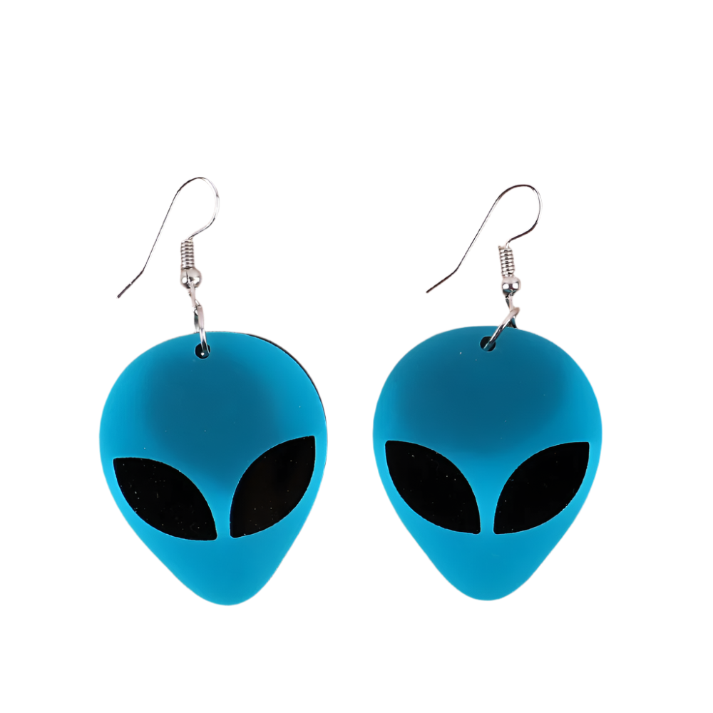 Neon green and pink acrylic alien spaceship dangle earrings for cosmic theme parties