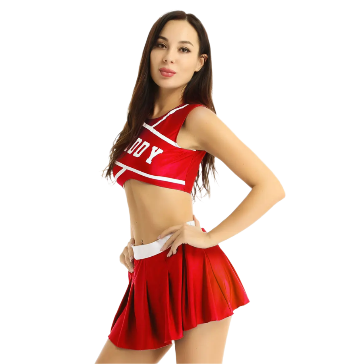 Person wearing a red cheerleading outfit with 'JOY' on a white background