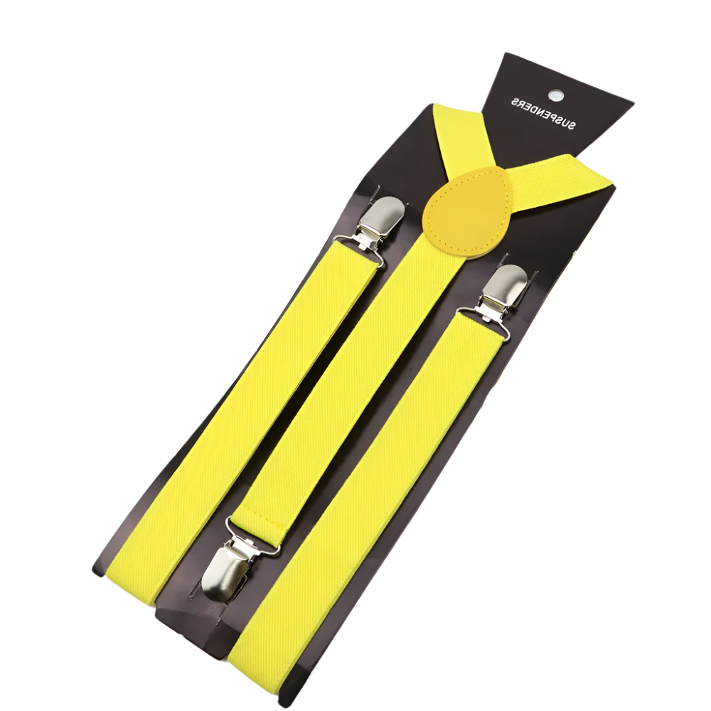 Suspenders: A pair of suspenders with silver clips and black leather detailing, designed for a classic and stylish look.