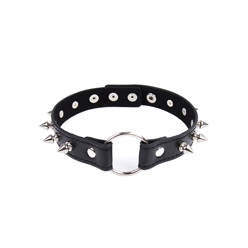 Black leather choker with studs and spikes on a white background