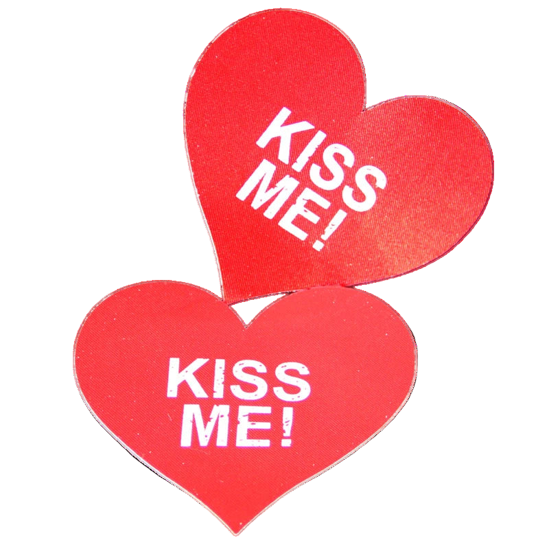 Two red hearts with 'KISS ME!' text on a white background, featuring the brand 'Candiway'.