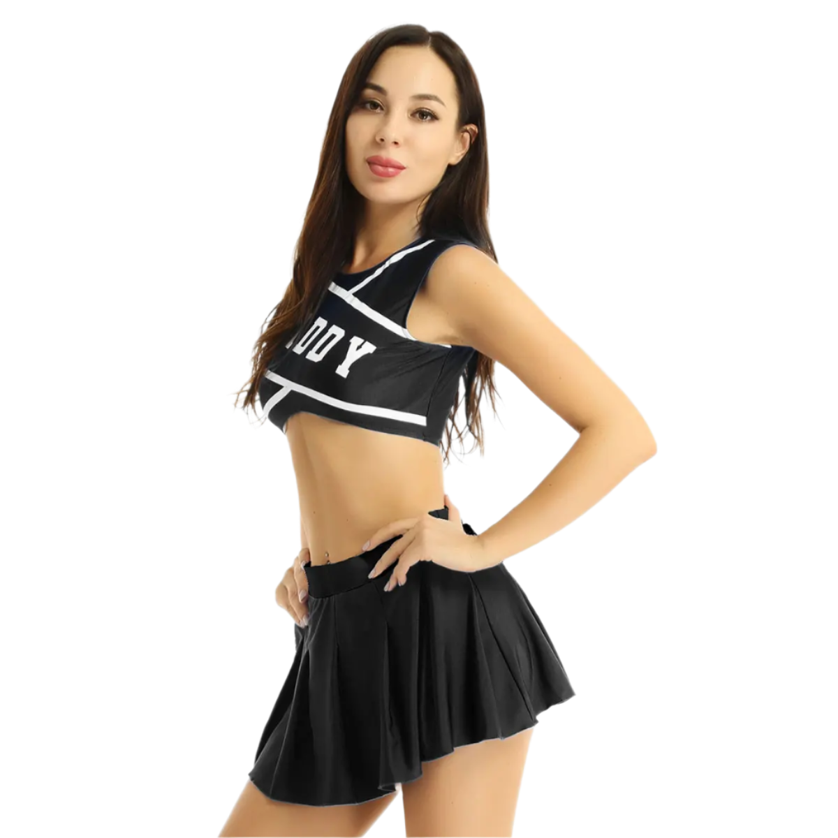 Woman wearing a black cheerleading outfit with white accents on a white background