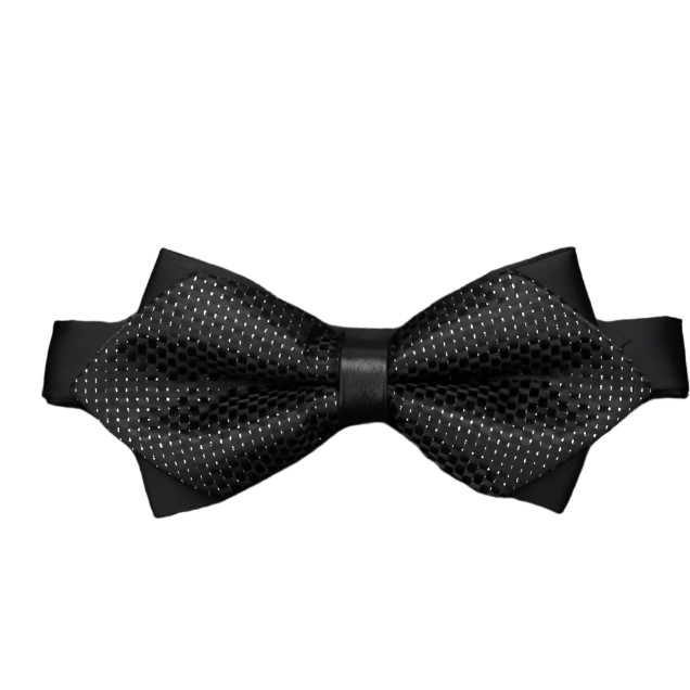 Black bow tie with textured pattern on a gray background