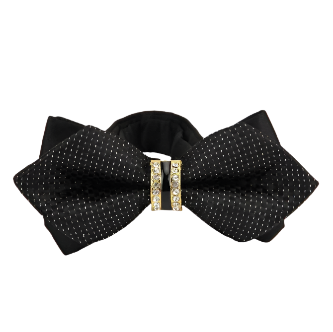 Black bow tie with gold embellishments on a white background