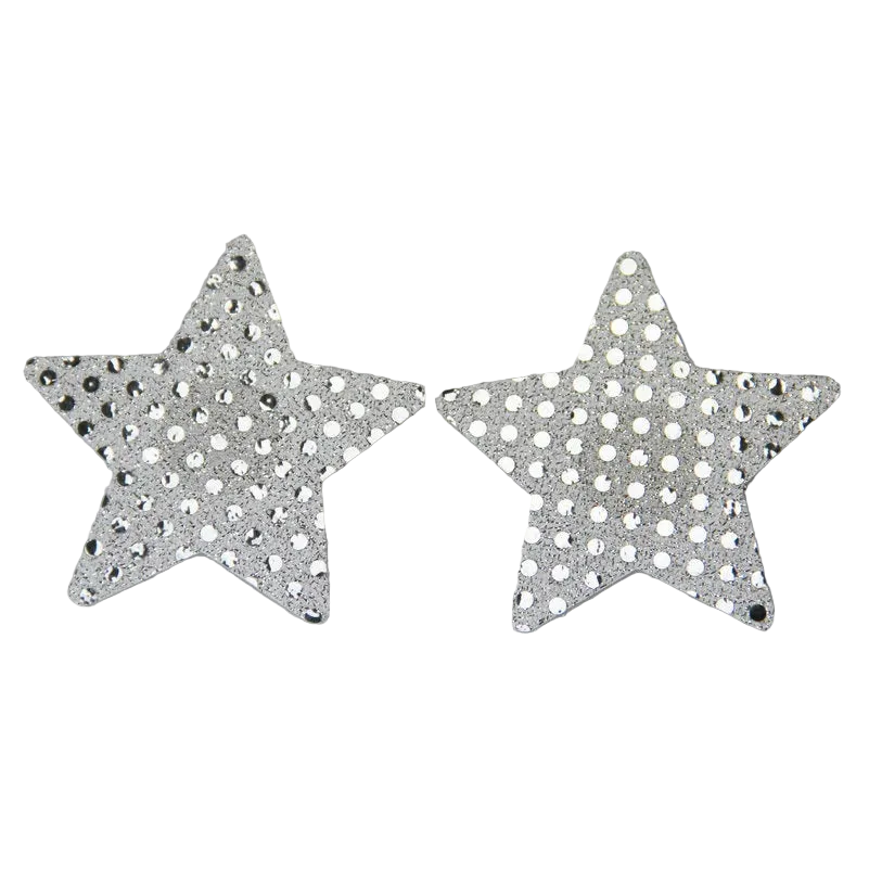 Two silver glitter star-shaped embellishments covered with rhinestones, displayed on a light gray background