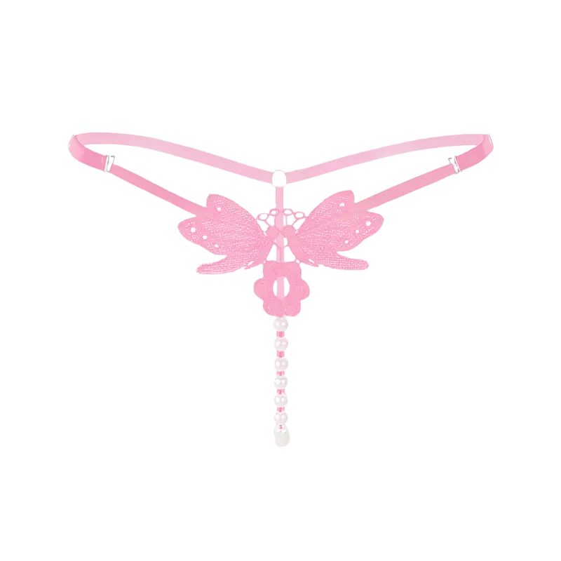 Elegant butterfly-themed thong with pearl embellishments, suitable for intimate resort wear.