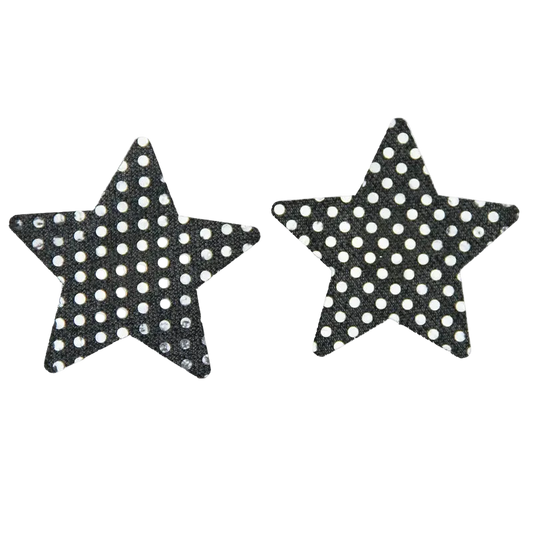 Two black star-shaped accessories with a white polka dot pattern, displayed side by side on a plain white background.