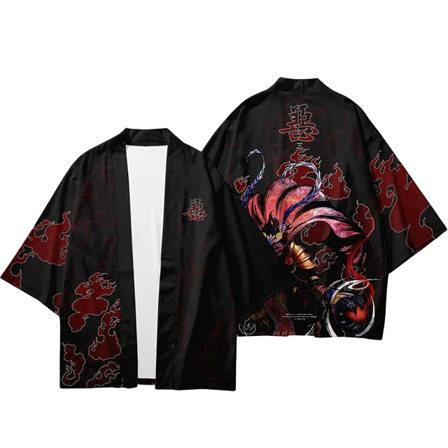 Black kimono-style jacket with red dragon design on a white background