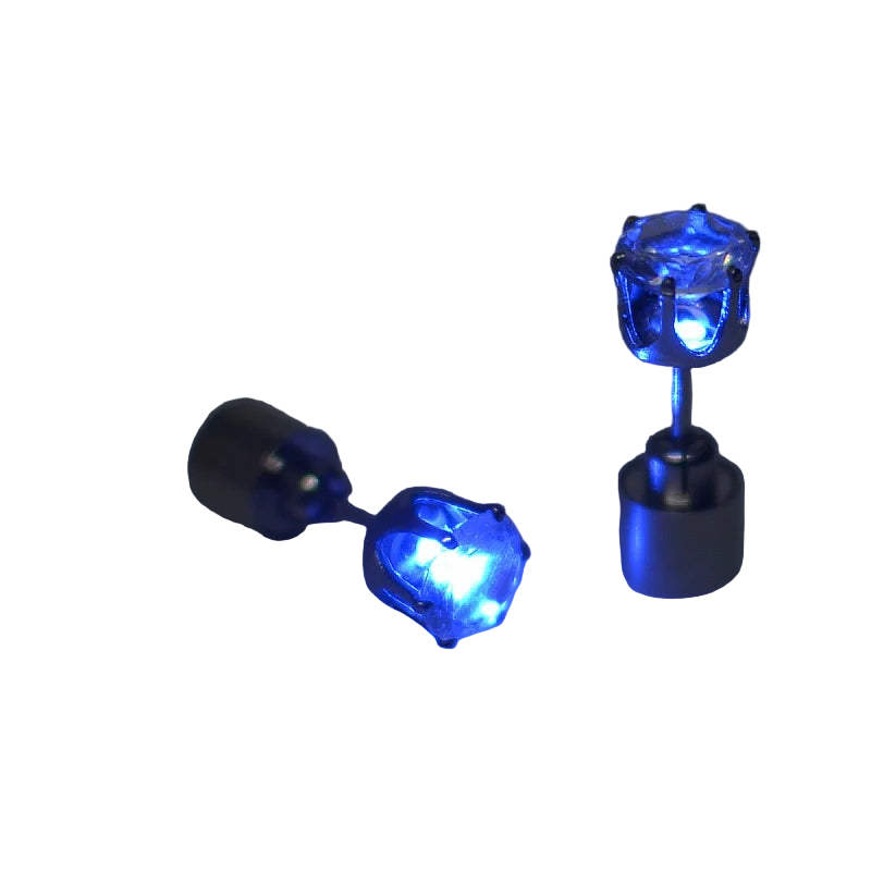 Blue LED stud earrings on a light gray background