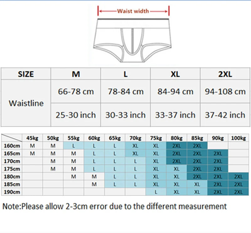Size chart for underwear with waist measurement and weight range