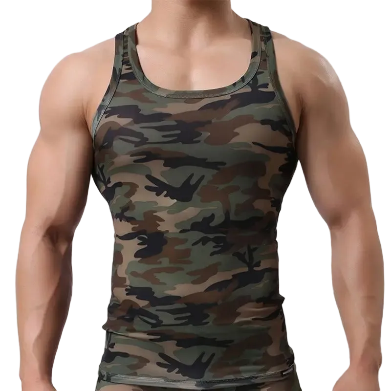 Camouflage tank top worn by a person on a white background