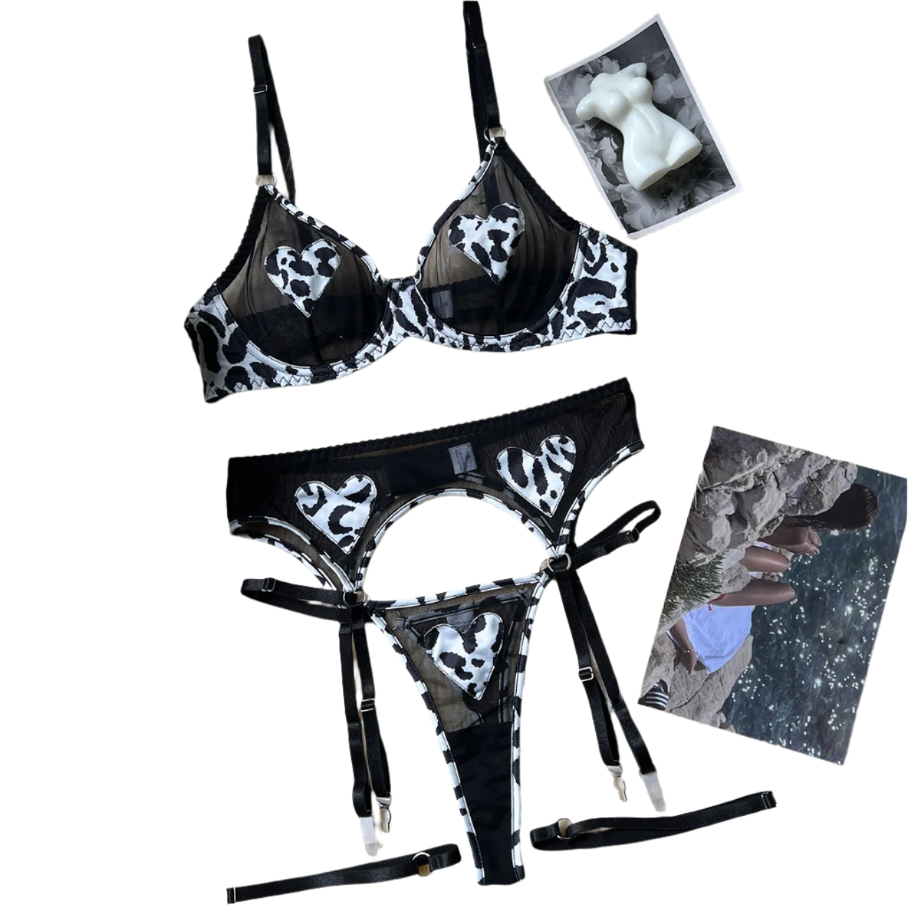 Luxurious 5-piece Leopard Print Valentine Lingerie Set featuring heart-detailed tulle, matching garter, and fancy bra for romantic resort evenings