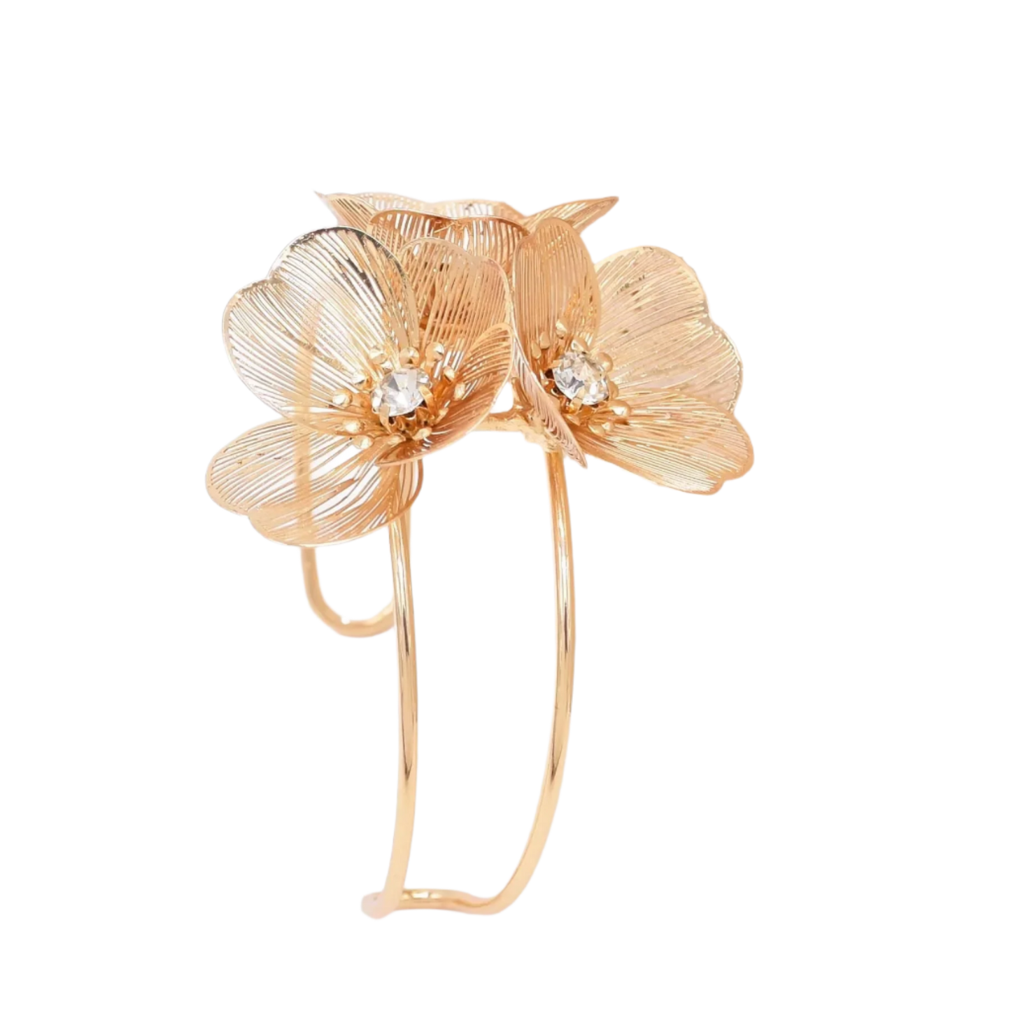 Golden crystal flower cuff bracelet with hollow design for luxury resort wear