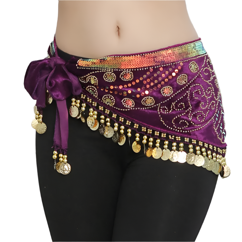 Luxury bellydance hip scarf with golden coins for resort dance activities