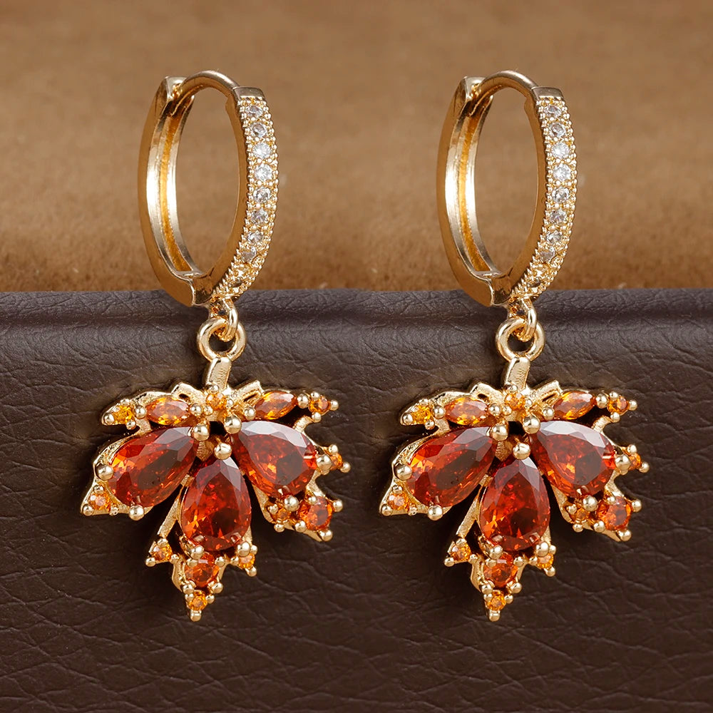 2pcs Vintage Crystal Zircon Stainless Steel Maple Leaf Earrings for Women Temperament Hoop Earrings Party Piercing Jewelry Gift