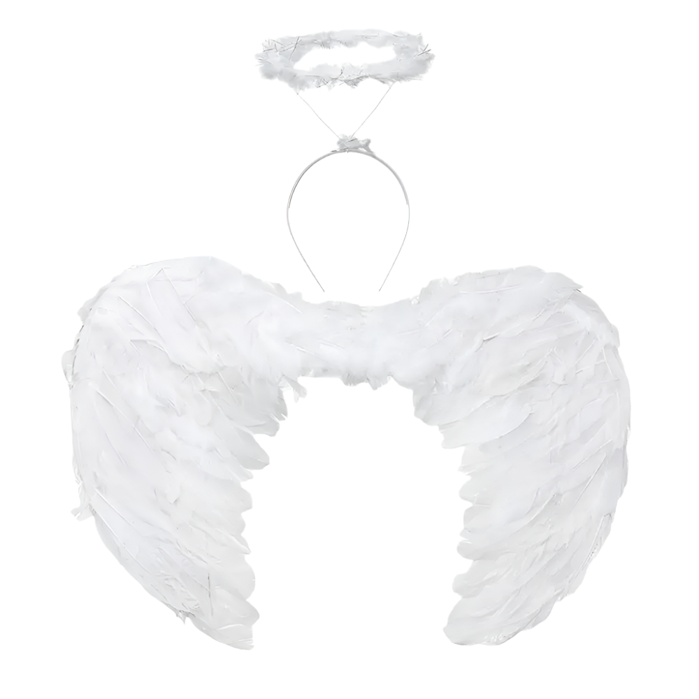 White angel wings with halo on a white background