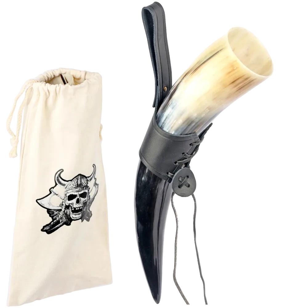 Viking Drinking Horn Mug | Medieval Tankard with Leather Holder