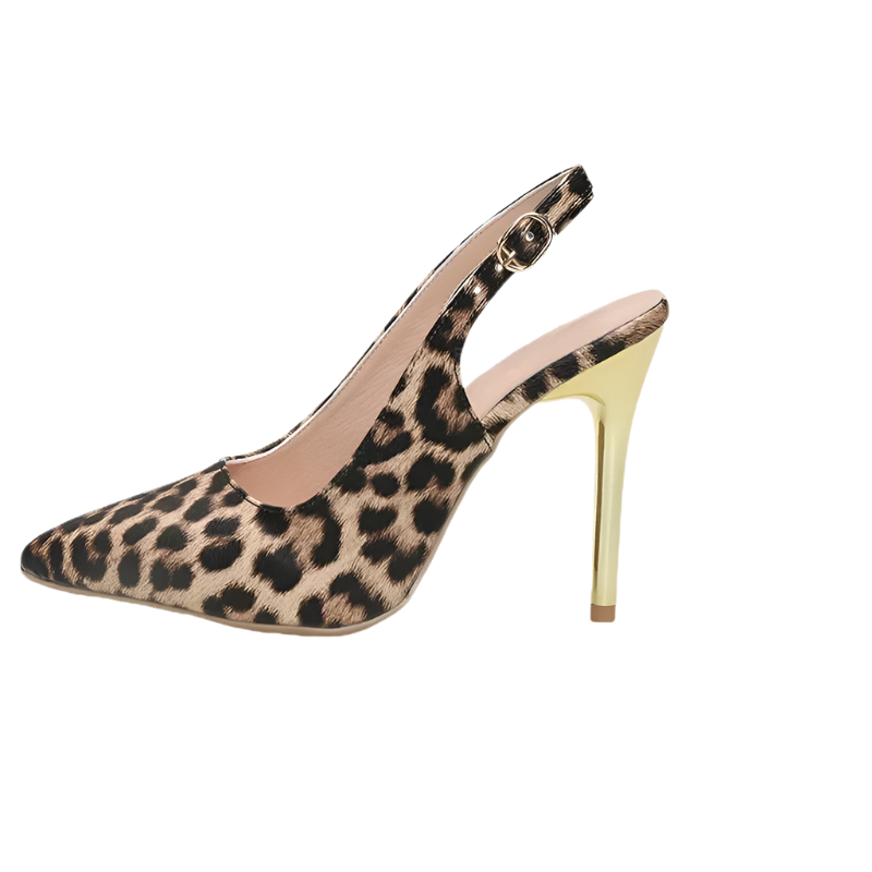 Leopard print high heel shoe with a 11cm heel measurement on a white background