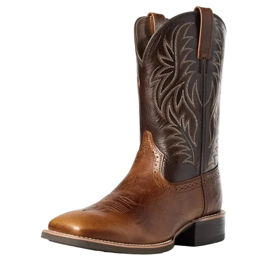 Brown cowboy boot with intricate stitching on a white background