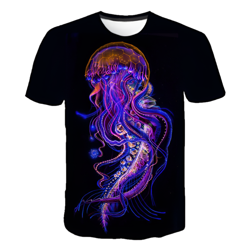 Black t-shirt with a colorful jellyfish design on a white background