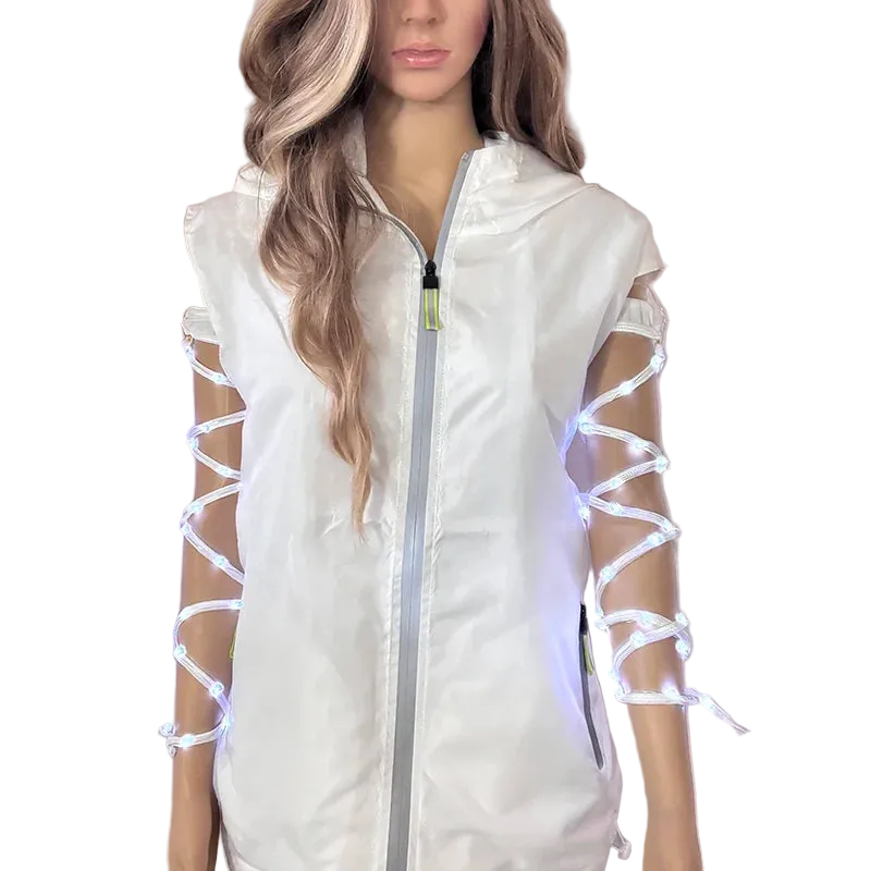 White sleeveless jacket with LED arm lights on a mannequin against a neutral background