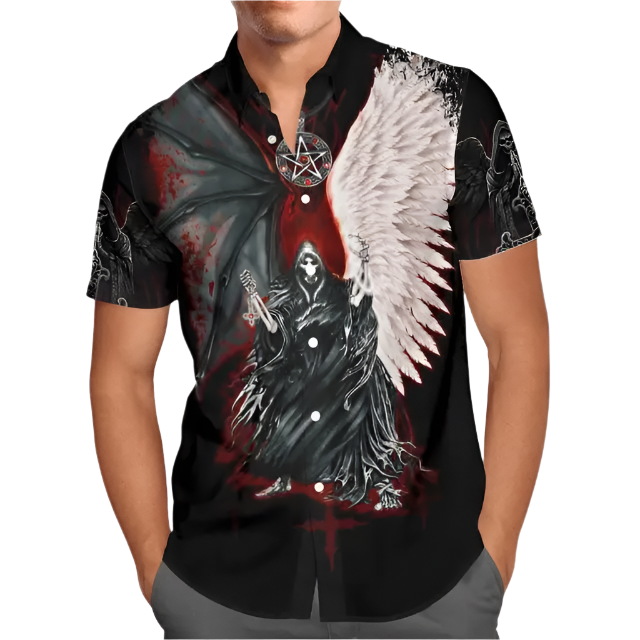 angel/devil 3D Hawaiian shirt in oversized 5XL sizing for celestial-themed resort summer fashion