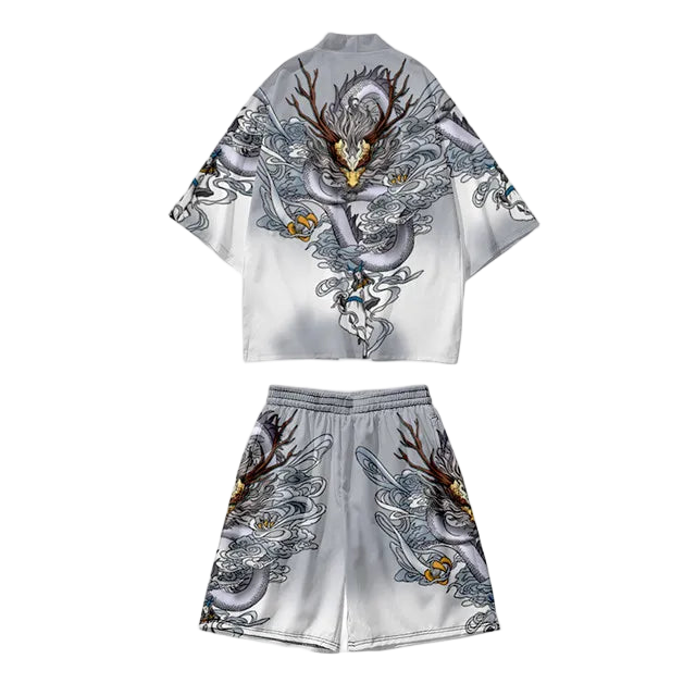 Two-piece outfit with dragon and deer design on a white background