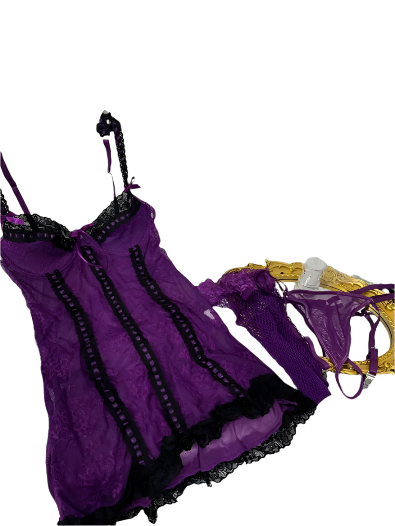 Purple lingerie set with black lace details on a white surface.