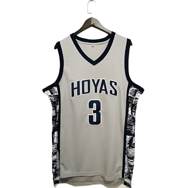 Iverson Georgetown Hoyas basketball jersey with athletic embroidery and hip hop styling for sports-themed resort wear