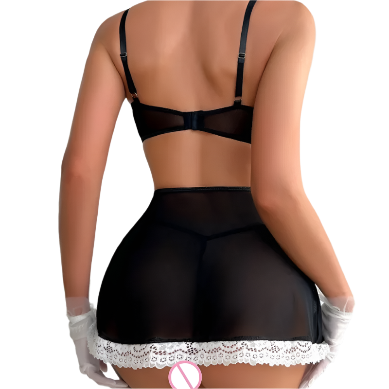 Person wearing a black lingerie set with lace details on a neutral background
