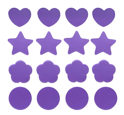 Purple heart, star, and circle stickers on a white background with dimensions indicated.
