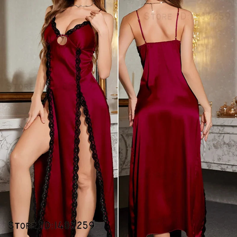 Sexy Split Suspender Nightgown Chemise Sleepwear Summer New Silky Satin Nightdress Intimate Lingerie Female Home Wear Loungewear