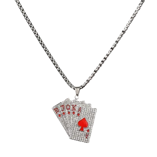 Necklace with a pendant featuring playing card symbols on a black background