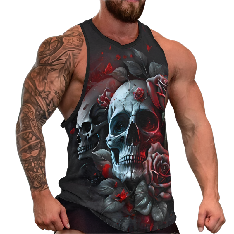 Tank top with skull and rose design worn by a person