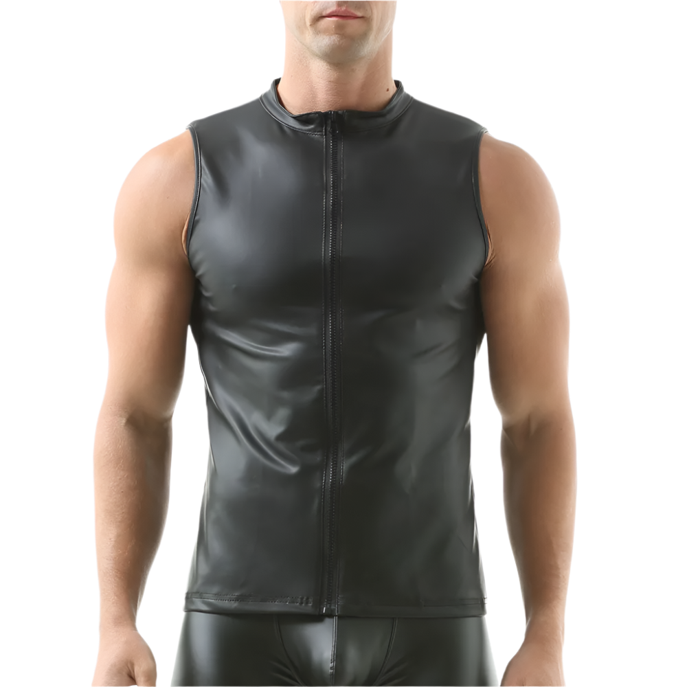 Man wearing a black sleeveless leather outfit on a white background