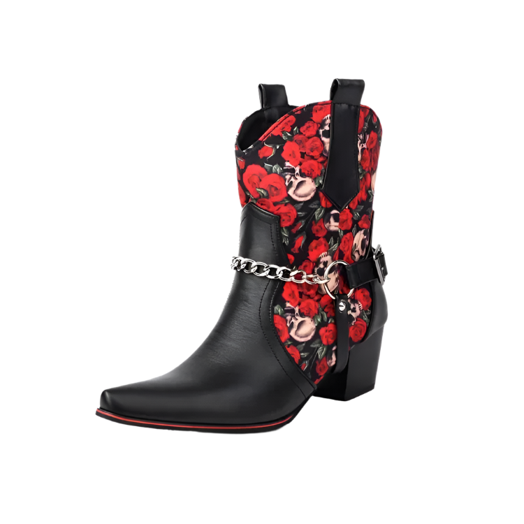 Black cowboy boot with red floral pattern and chain detail on a white background