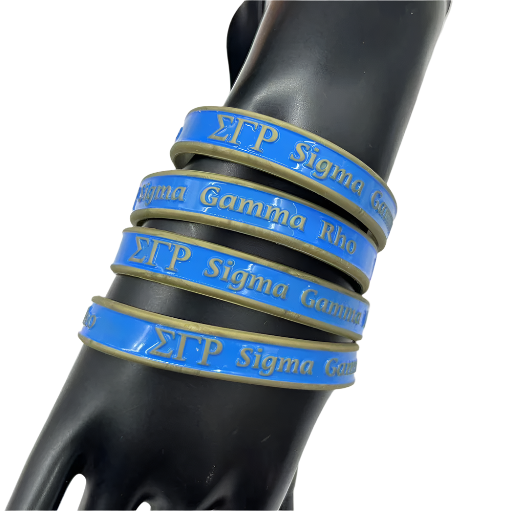 Stack of blue and gold 'Sigma Gamma Rho' bracelets on a black mannequin arm against a white background.