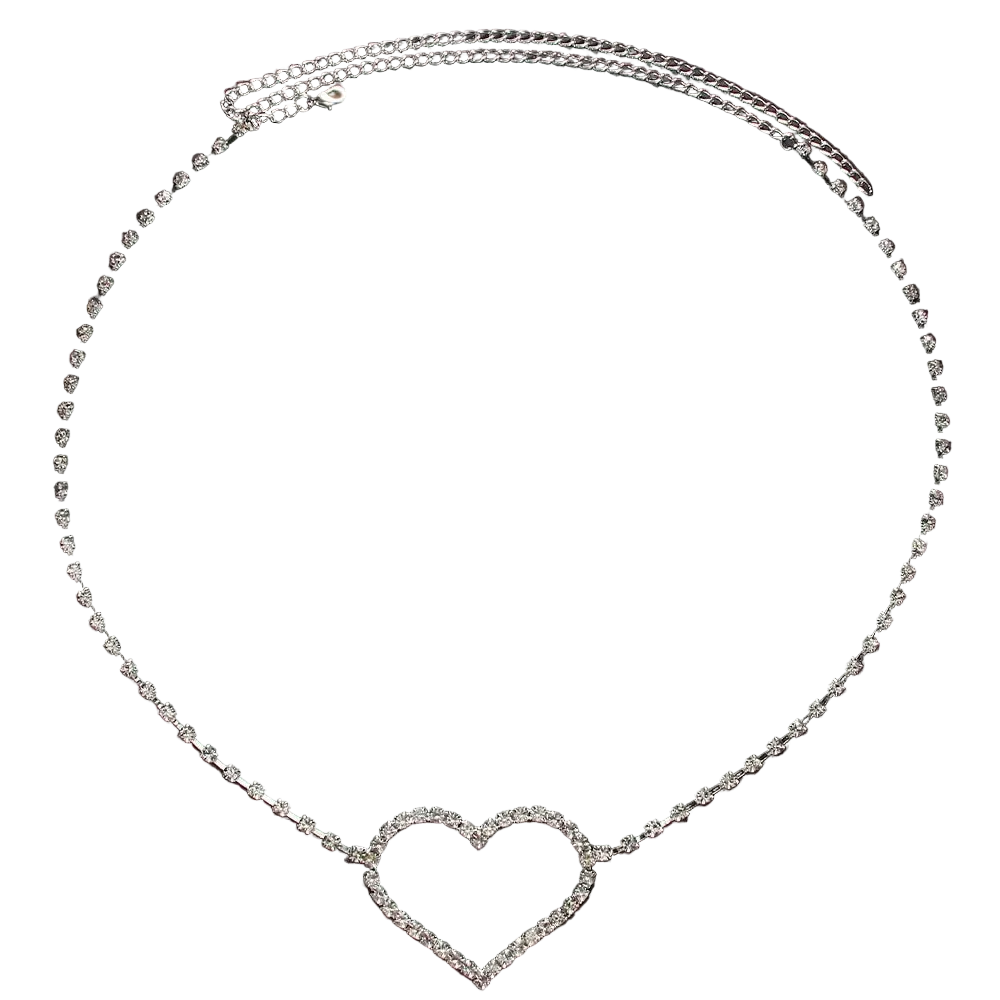 A silver-toned heart-link chain necklace with a heart-shaped pendant paved with clear stones, displayed on a dark textured background.