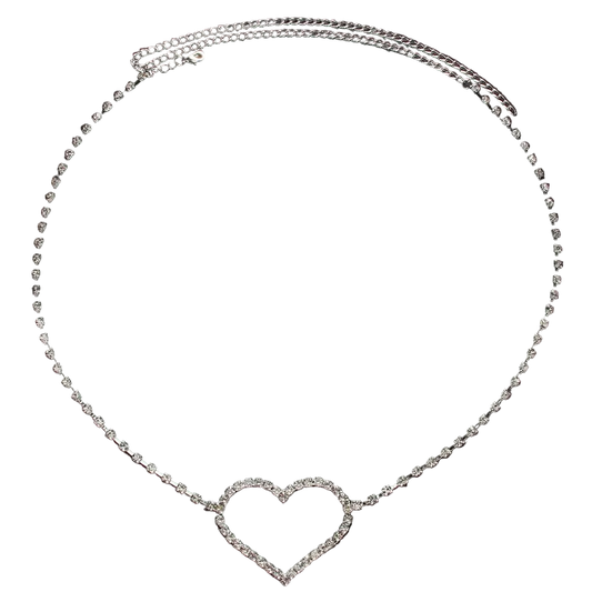A silver-toned heart-link chain necklace with a heart-shaped pendant paved with clear stones, displayed on a dark textured background.