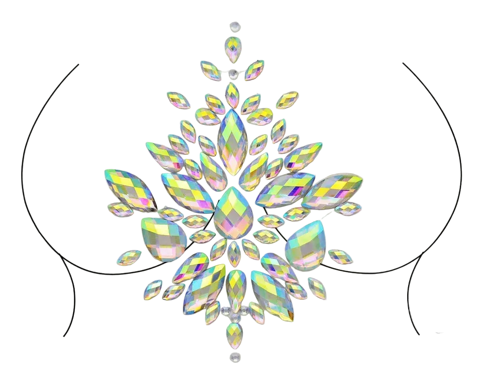 Multicolored crystal embellishments arranged in a decorative pattern on a light gray background.