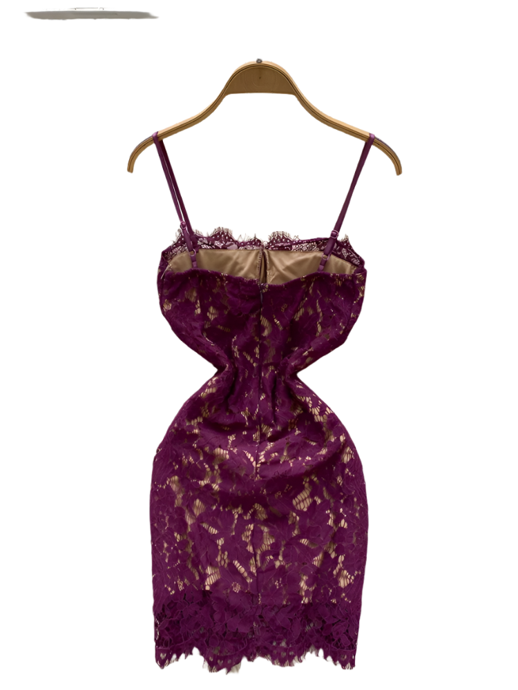 Purple lace dress on a hanger with decorative background