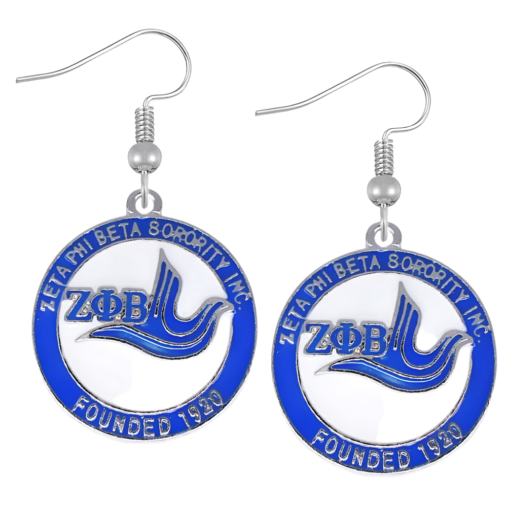 Zeta Phi Beta Sorority Inc earrings with blue and silver design on a white background