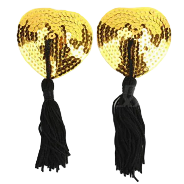Pair of gold sequin pasties with black tassels on a white background