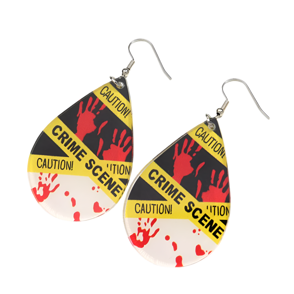 Gothic crime scene acrylic earrings with blood palm and skull design