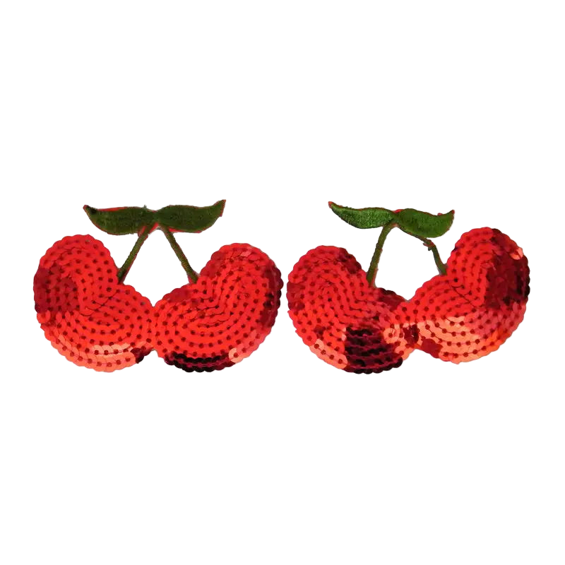 Pair of red sequin cherries on a white background
