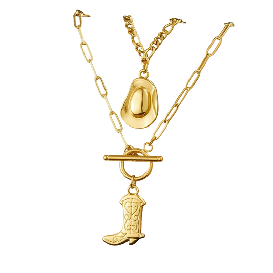 Gold necklace with cowboy boot charm on a beige card