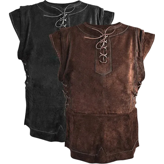 Black and brown leather vests with lace-up front design on a white background
