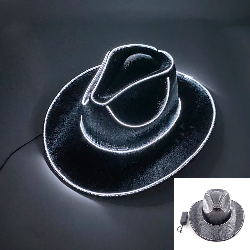 Black hat with neon light outline on a dark background