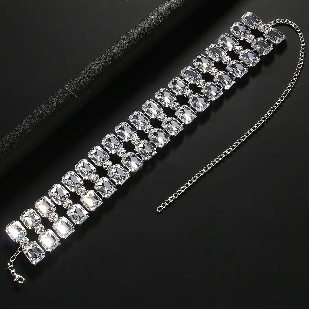 Bling Square Rhinestone Choker Necklace Exaggerate Accessories Luxury Women Statements Clavicle Chain Necklace Body Jewelry