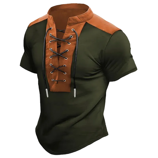 Green and brown short-sleeve shirt with lace-up front on a white background
